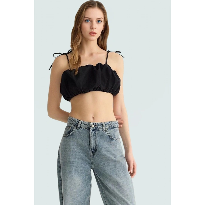 Büzgülü Askılı Crop Bluz Rahat Yazlık Dokuma Uzun Ömürlü Trend Tasarım Yüksek Kalite