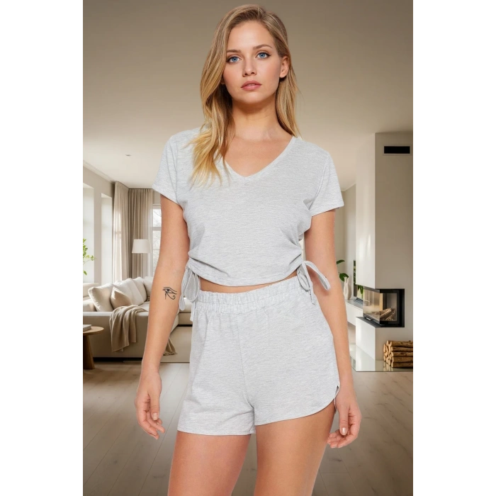Büzgülü Detaylı Pijama Takımı Yumuşak Pamuk Karışımı Rahat Kalıp V Yaka Yazlık Ve Şık