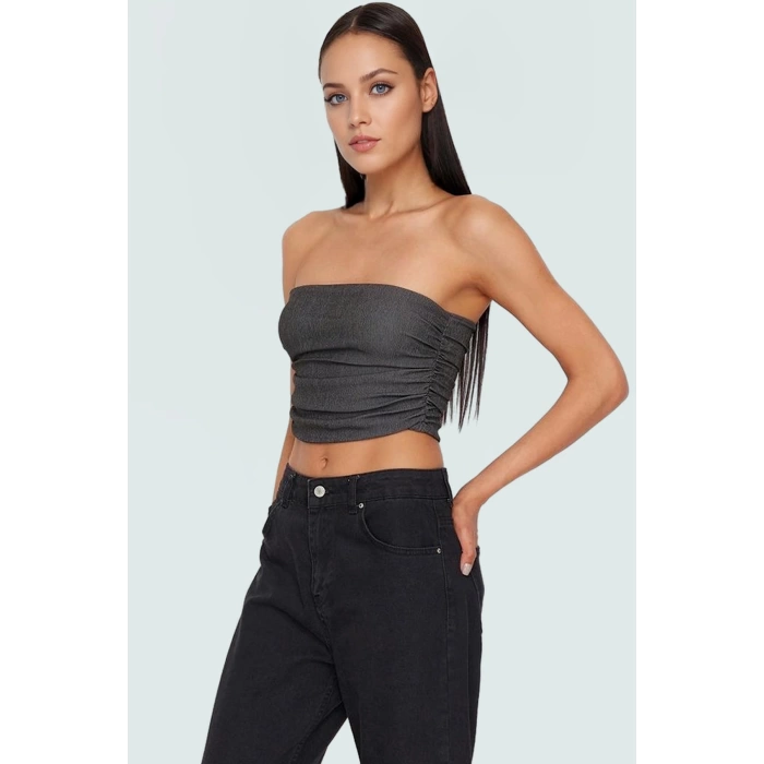 Büzgülü Örme Straplez Bluz Crop Fitted Rahat Yazlık Uzun Ömürlü Ve Şık