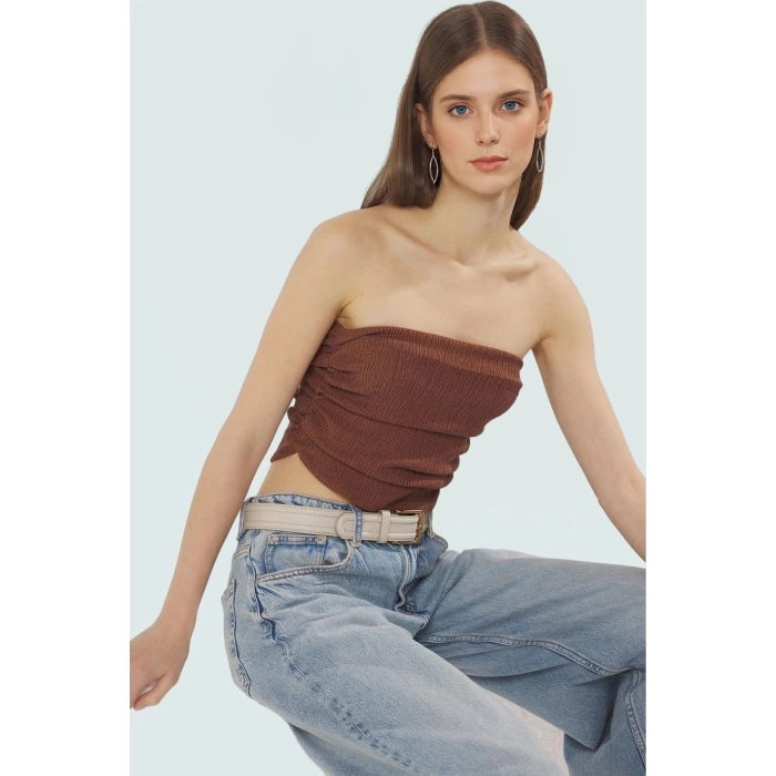Büzgülü Örme Straplez Bluz Crop Fitted Rahat Yazlık Uzun Ömürlü Ve Şık