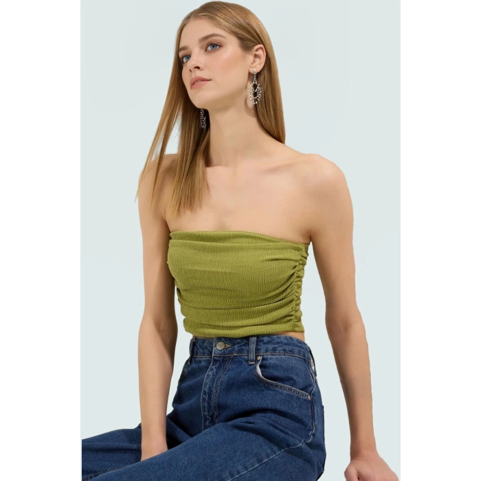 Büzgülü Örme Straplez Bluz Crop Fitted Rahat Yazlık Uzun Ömürlü Ve Şık