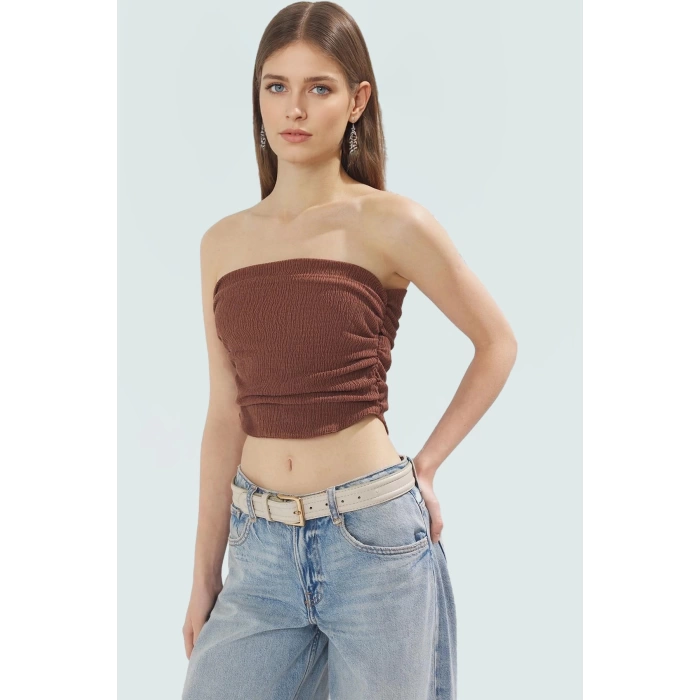 Büzgülü Örme Straplez Bluz Crop Fitted Rahat Yazlık Uzun Ömürlü Ve Şık