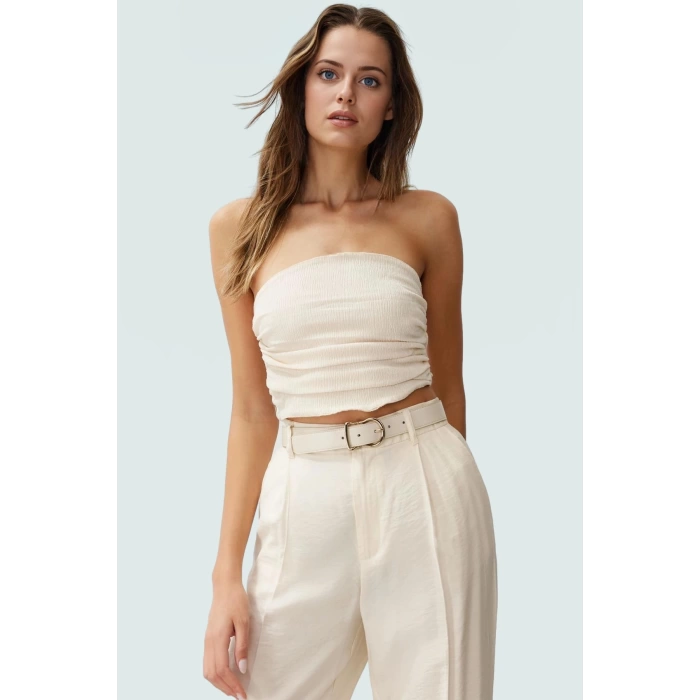 Büzgülü Örme Straplez Bluz Crop Fitted Rahat Yazlık Uzun Ömürlü Ve Şık