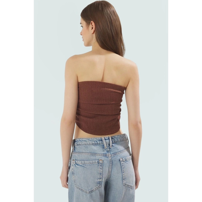 Büzgülü Örme Straplez Bluz Crop Fitted Rahat Yazlık Uzun Ömürlü Ve Şık