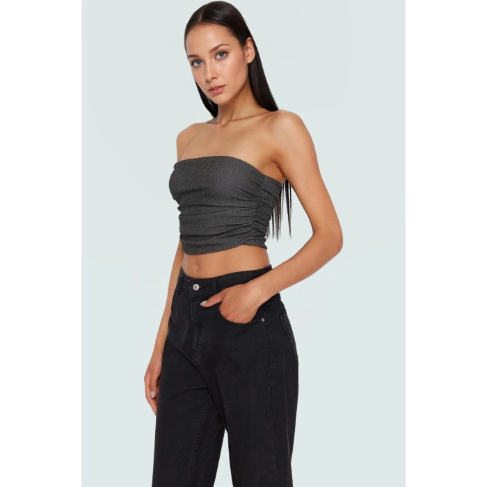 Büzgülü Örme Straplez Bluz Crop Fitted Rahat Yazlık Uzun Ömürlü Ve Şık