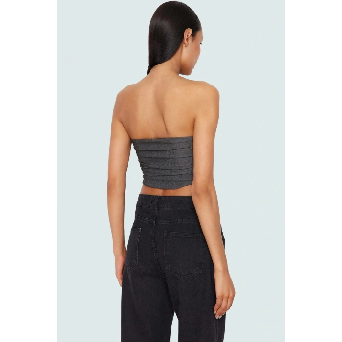 Büzgülü Örme Straplez Bluz Crop Fitted Rahat Yazlık Uzun Ömürlü Ve Şık
