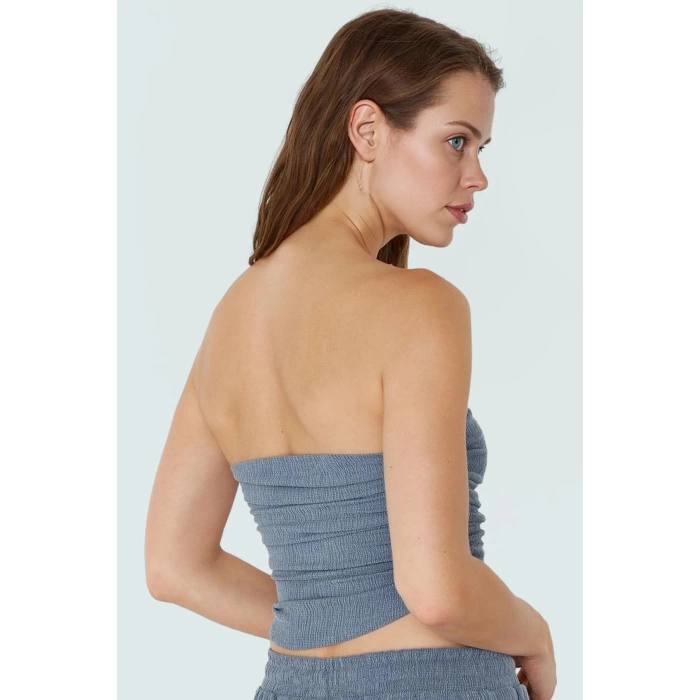 Büzgülü Örme Straplez Bluz Crop Fitted Rahat Yazlık Uzun Ömürlü Ve Şık
