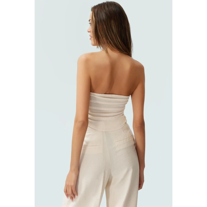 Büzgülü Örme Straplez Bluz Crop Fitted Rahat Yazlık Uzun Ömürlü Ve Şık