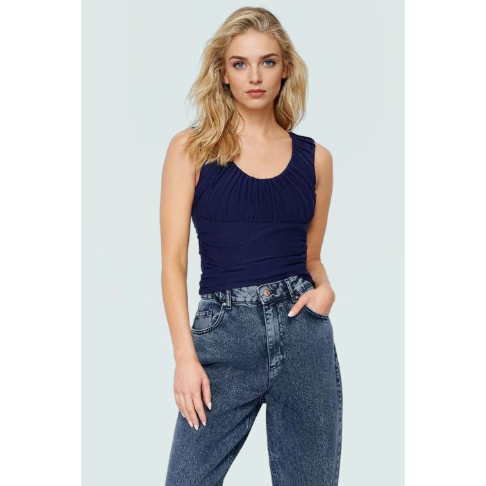 Büzgülü Sırt Detaylı Kolsuz Örme Bluz Yazlık Casual Özel Tasarım