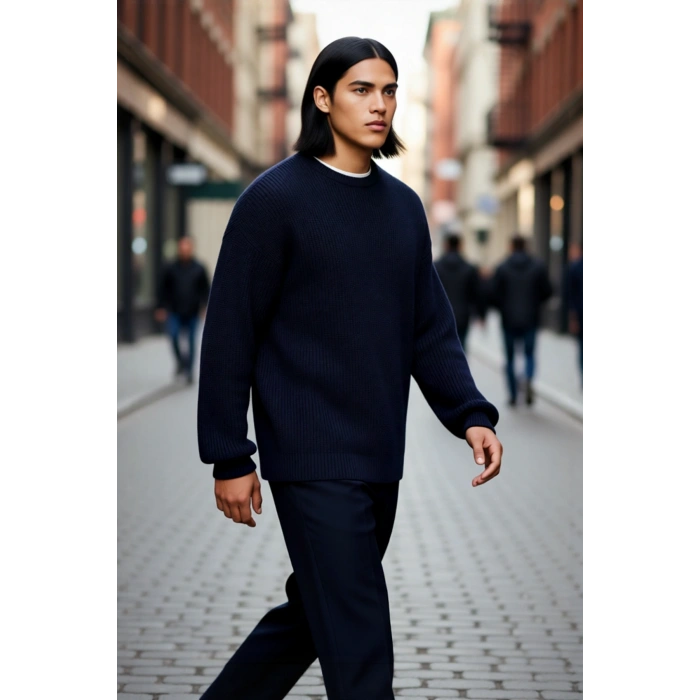 Casual Erkek Gri Büyük Beden Oversize Bisiklet Yaka Düşük Kol Triko Kazak Soğuk Günler İçin