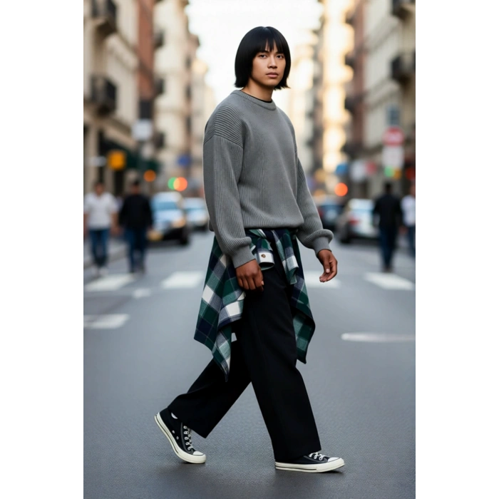 Casual Erkek Gri Büyük Beden Oversize Bisiklet Yaka Düşük Kol Triko Kazak Soğuk Günler İçin