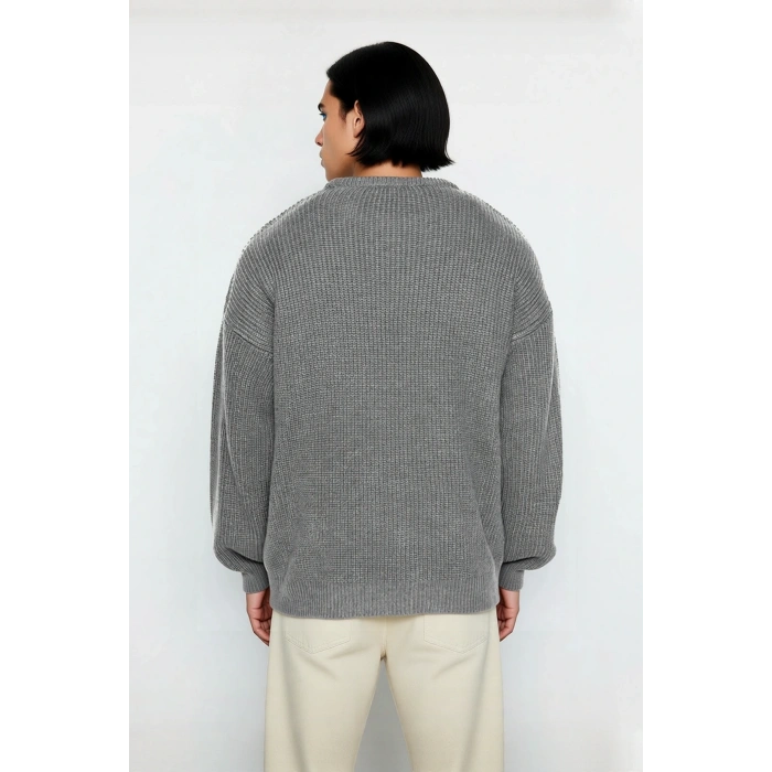 Casual Erkek Gri Büyük Beden Oversize Bisiklet Yaka Düşük Kol Triko Kazak Soğuk Günler İçin