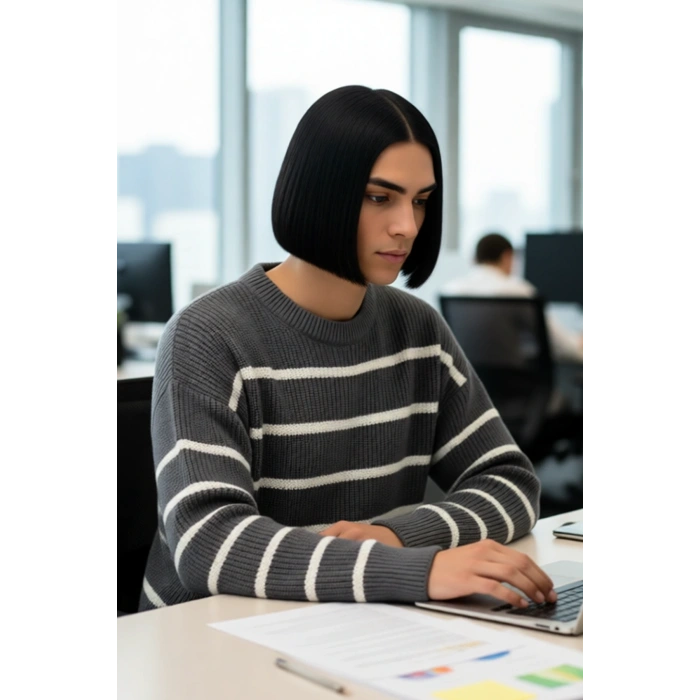 Casual Erkek Kalın Triko Dokulu Bisiklet Yaka Çizgili Oversize Selanik Kışlık Kazak Modeli