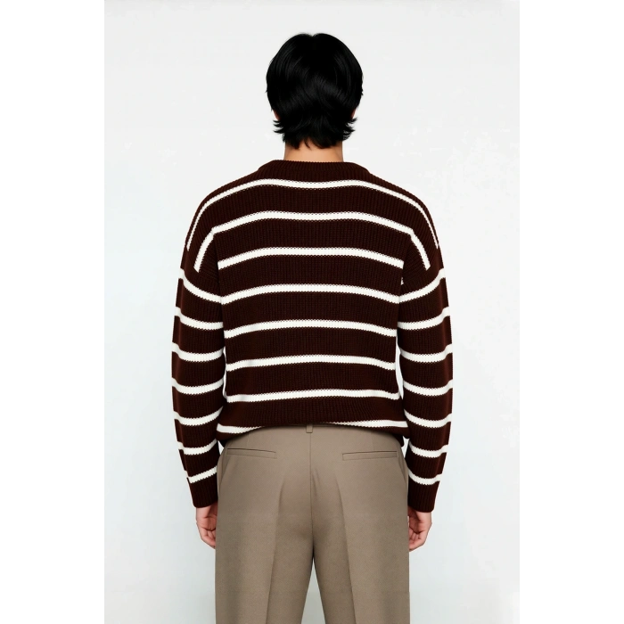 Casual Erkek Kalın Triko Dokulu Bisiklet Yaka Çizgili Oversize Selanik Kışlık Kazak Modeli