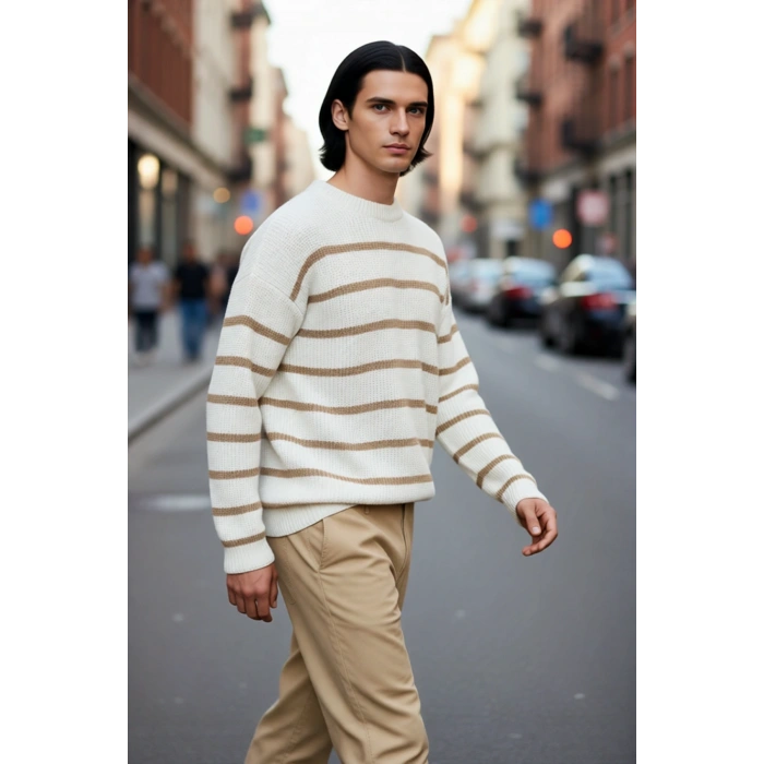 Casual Erkek Kalın Triko Dokulu Bisiklet Yaka Çizgili Oversize Selanik Kışlık Kazak Modeli