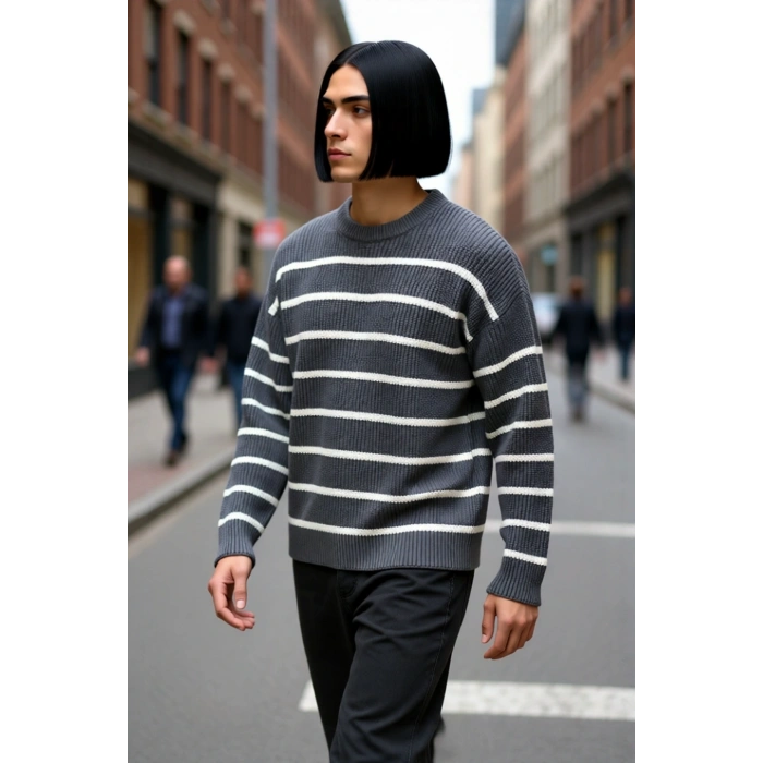 Casual Erkek Kalın Triko Dokulu Bisiklet Yaka Çizgili Oversize Selanik Kışlık Kazak Modeli