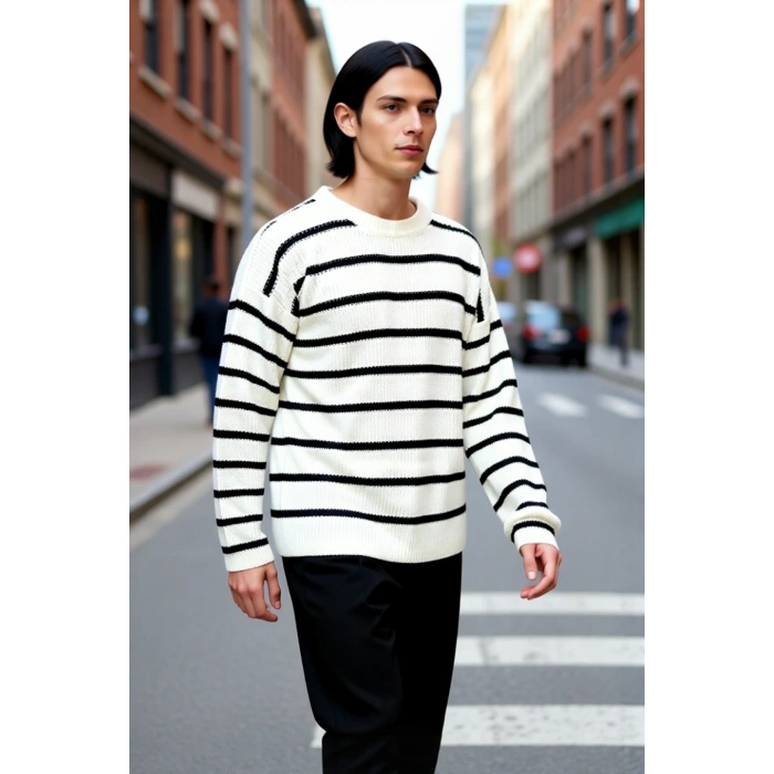 Casual Erkek Kalın Triko Dokulu Bisiklet Yaka Çizgili Oversize Selanik Kışlık Kazak Modeli