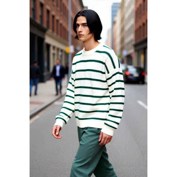 Casual Erkek Kalın Triko Dokulu Bisiklet Yaka Çizgili Oversize Selanik Kışlık Kazak Modeli