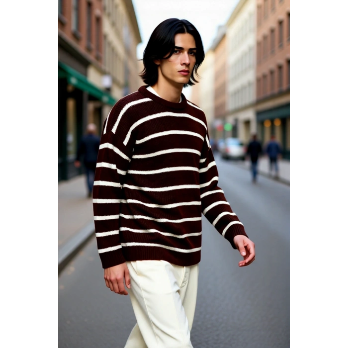 Casual Erkek Kalın Triko Dokulu Bisiklet Yaka Çizgili Oversize Selanik Kışlık Kazak Modeli