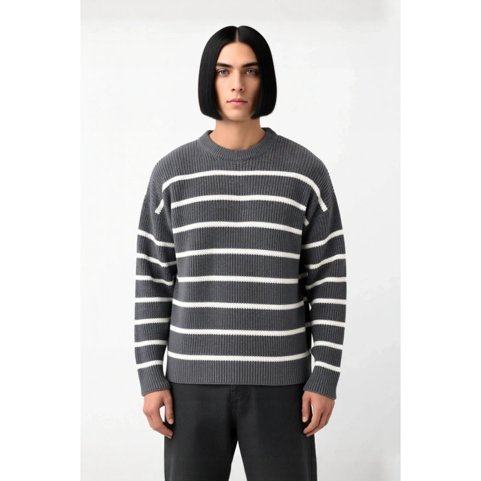 Casual Erkek Kalın Triko Dokulu Bisiklet Yaka Çizgili Oversize Selanik Kışlık Kazak Modeli