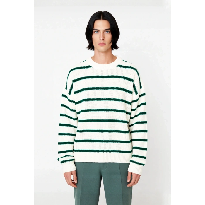 Casual Erkek Kalın Triko Dokulu Bisiklet Yaka Çizgili Oversize Selanik Kışlık Kazak Modeli