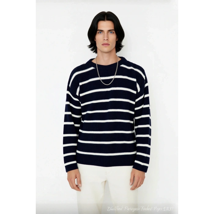 Casual Erkek Kalın Triko Dokulu Bisiklet Yaka Çizgili Oversize Selanik Kışlık Kazak Modeli