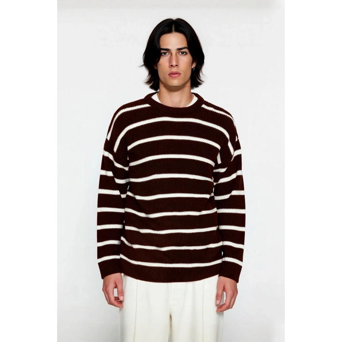 Casual Erkek Kalın Triko Dokulu Bisiklet Yaka Çizgili Oversize Selanik Kışlık Kazak Modeli