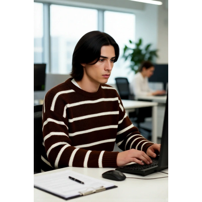 Casual Erkek Kalın Triko Dokulu Bisiklet Yaka Çizgili Oversize Selanik Kışlık Kazak Modeli