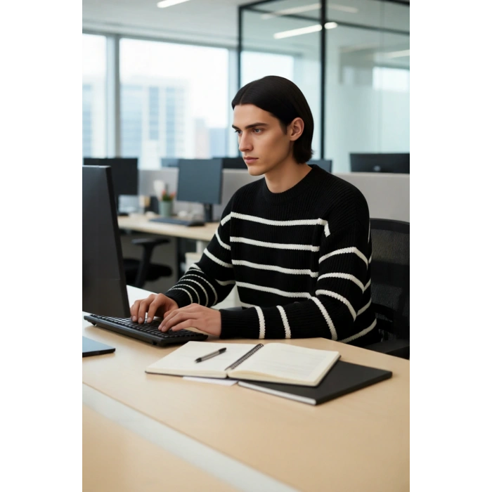 Casual Erkek Kalın Triko Dokulu Bisiklet Yaka Çizgili Oversize Selanik Kışlık Kazak Modeli