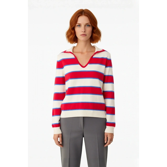 Casual Şıklık Sunan Kadın Triko Kazak Standart Kol Polo Yaka Çizgili Tasarımıyla Her Mevsim Sizinle