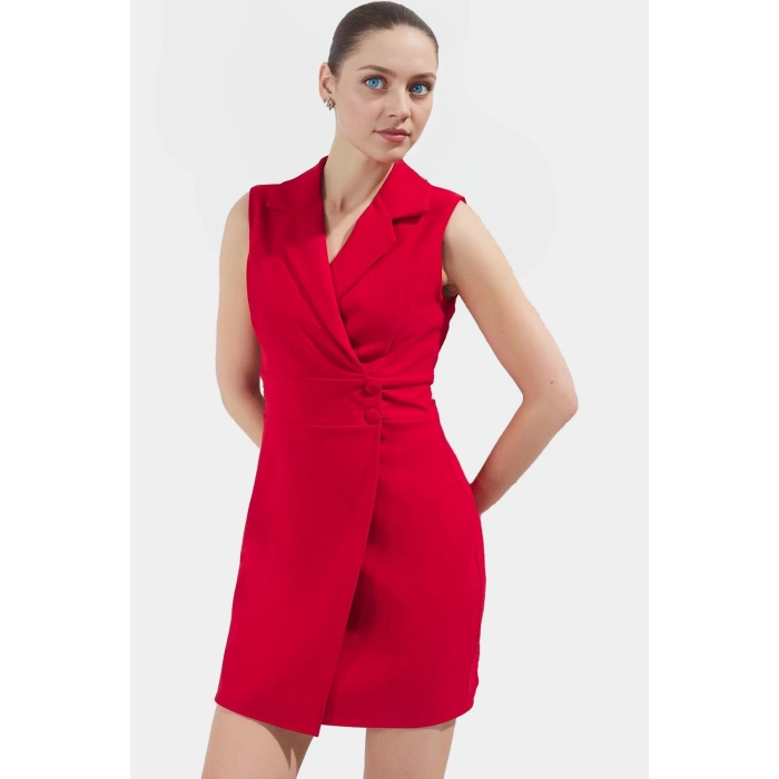 Ceket Yaka Mini Elbise Dokuma Polyester İş Elbisesi Profesyonel Görünüm
