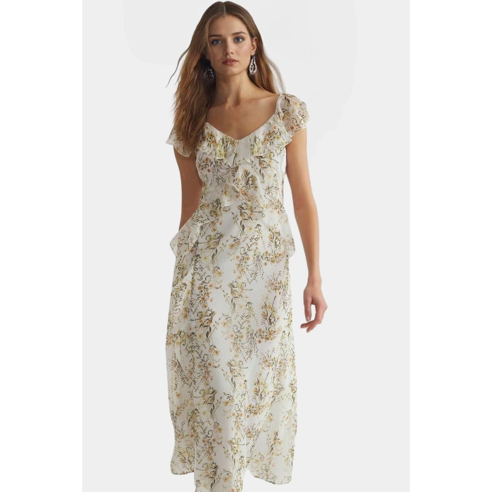 Çiçek Desenli A line Maxi Elbise Şifon Kumaş Rahat Kalıp Yazlık Modern Stil Özel Tasarım