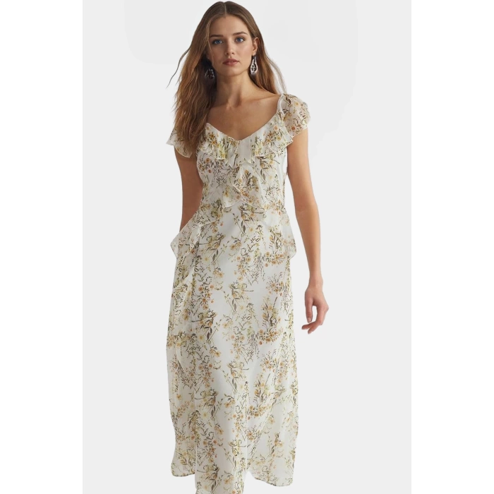 Çiçek Desenli A line Maxi Elbise Şifon Kumaş Rahat Kalıp Yazlık Modern Stil Özel Tasarım