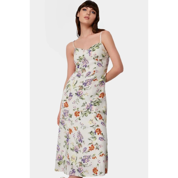 Çiçek Desenli A line Midi Elbise %Polyester Yazlık Rahat Zarifane Tasarım