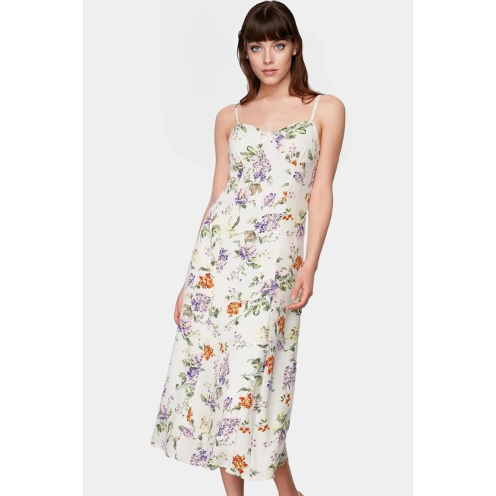 Çiçek Desenli A line Midi Elbise %Polyester Yazlık Rahat Zarifane Tasarım