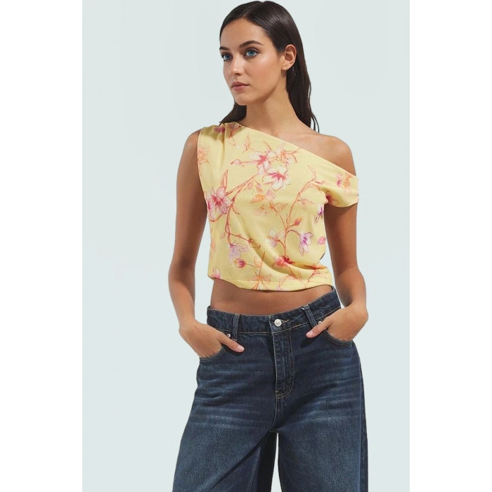 Çiçek Desenli Astarlı Polyester Bluz Asimetrik Yaka Kısa Kol Yazlık Örme Dayanıklı Malzeme
