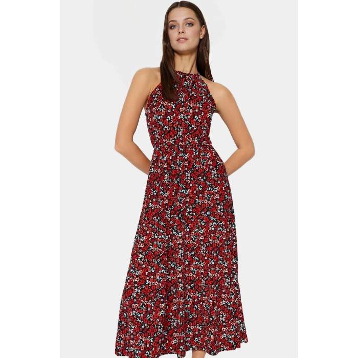 Çiçek Desenli Maxi Elbise Rahat Şık Polyester Skater Halter Yaka Özenle Seçilmiş Konforlu Kesim