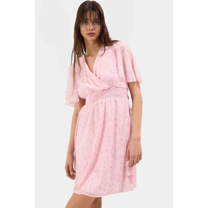 Çiçek Desenli Mini Elbise Astarlı V Yaka Melek Kol Yazlık Modern Stil Dayanıklı Malzeme