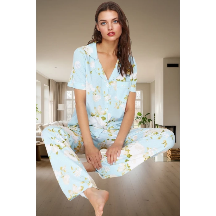 Çiçek Desenli Pamuk Pijama Takımı Regular Kalıp Boru Paça Evde Rahatlık Rahat Kullanım