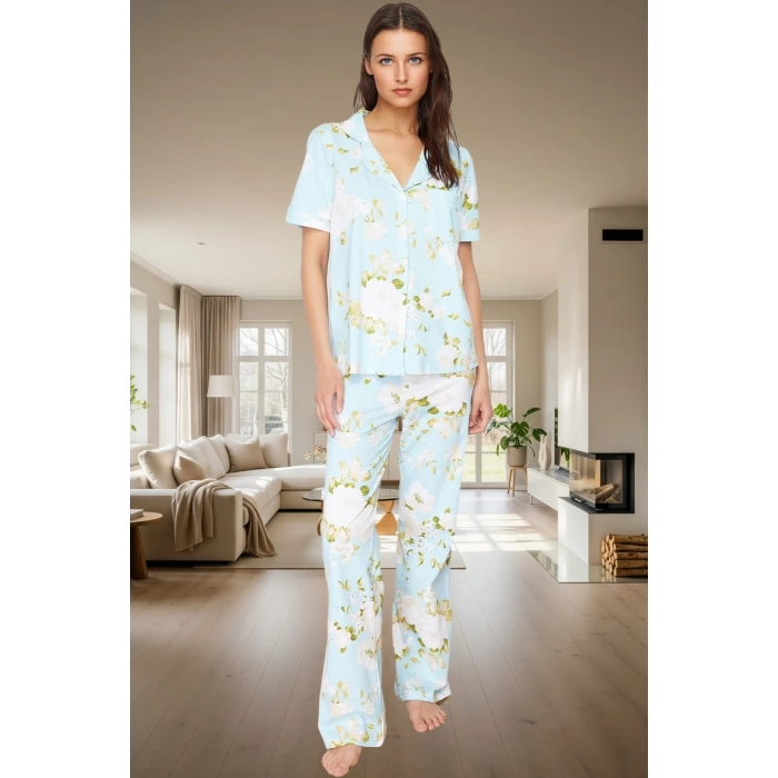 Çiçek Desenli Pamuk Pijama Takımı Regular Kalıp Boru Paça Evde Rahatlık Rahat Kullanım