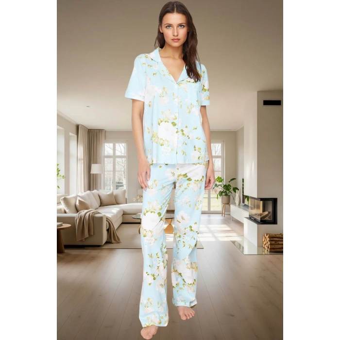 Çiçek Desenli Pamuk Pijama Takımı Regular Kalıp Boru Paça Evde Rahatlık Rahat Kullanım