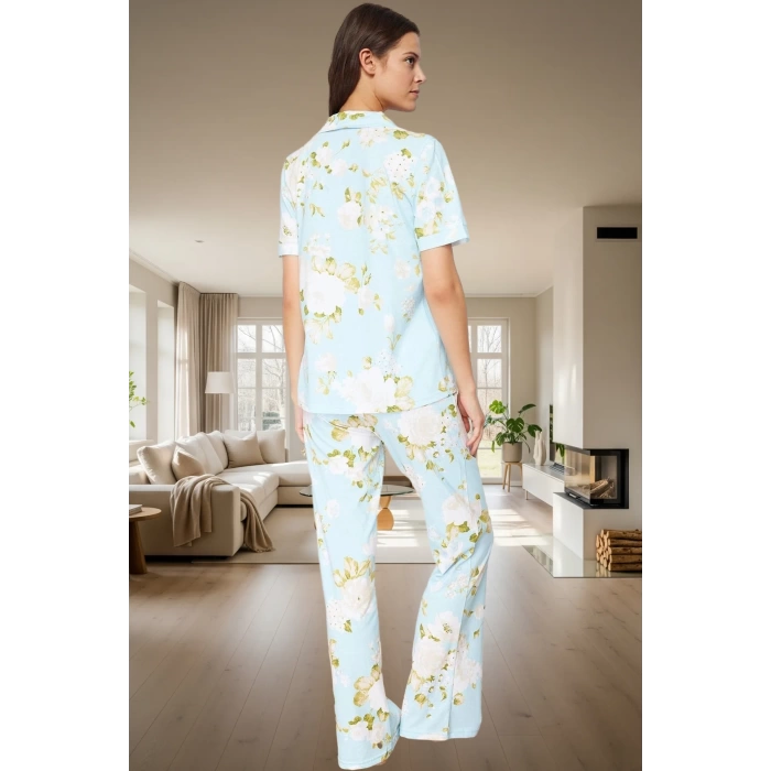 Çiçek Desenli Pamuk Pijama Takımı Regular Kalıp Boru Paça Evde Rahatlık Rahat Kullanım