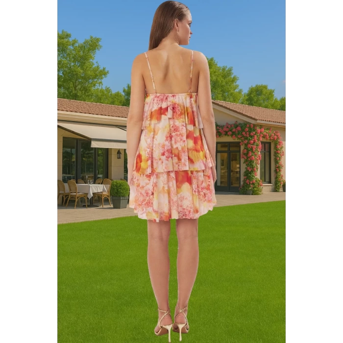 Çiçek Desenli Tül Mini Abiye Elbise Astarlı V Yaka Skater Rahat Ve Şık Modern Stil Modern Stil