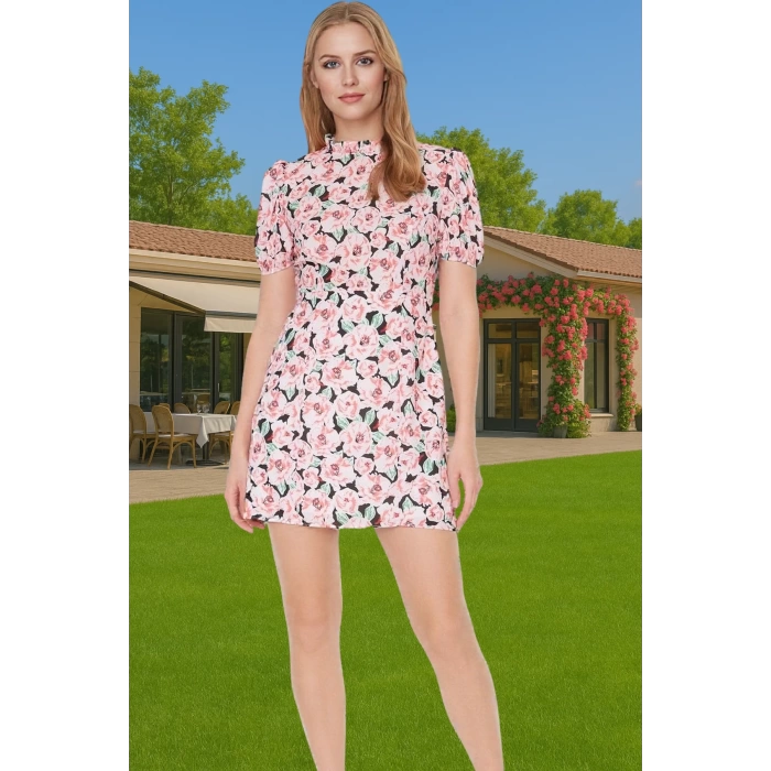 Çiçekli A Kesim Mini Elbise Polyester Moss Krep Yazlık Günlük Konforlu Kesim Şık Görünüm