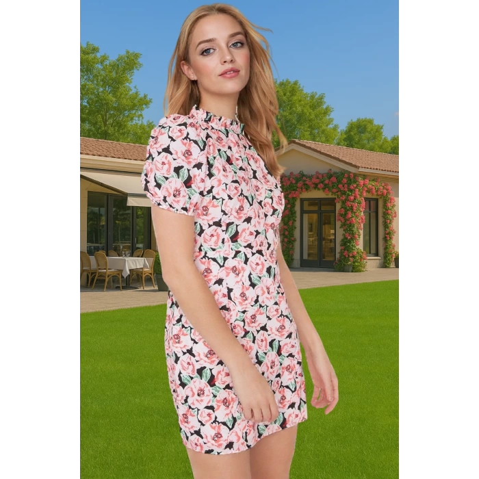 Çiçekli A Kesim Mini Elbise Polyester Moss Krep Yazlık Günlük Konforlu Kesim Şık Görünüm