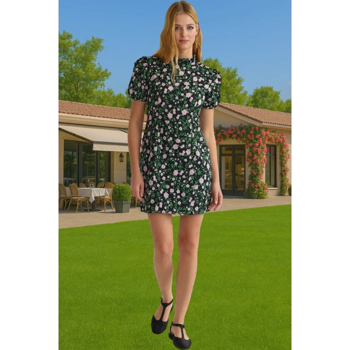 Çiçekli A Kesim Mini Elbise Polyester Moss Krep Yazlık Günlük Konforlu Kesim Şık Görünüm