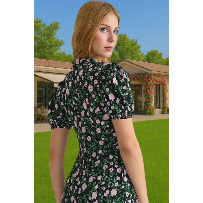 Çiçekli A Kesim Mini Elbise Polyester Moss Krep Yazlık Günlük Konforlu Kesim Şık Görünüm