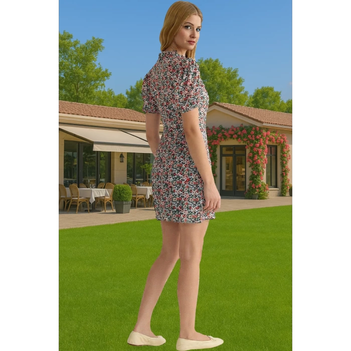 Çiçekli A Kesim Mini Elbise Polyester Moss Krep Yazlık Günlük Konforlu Kesim Şık Görünüm