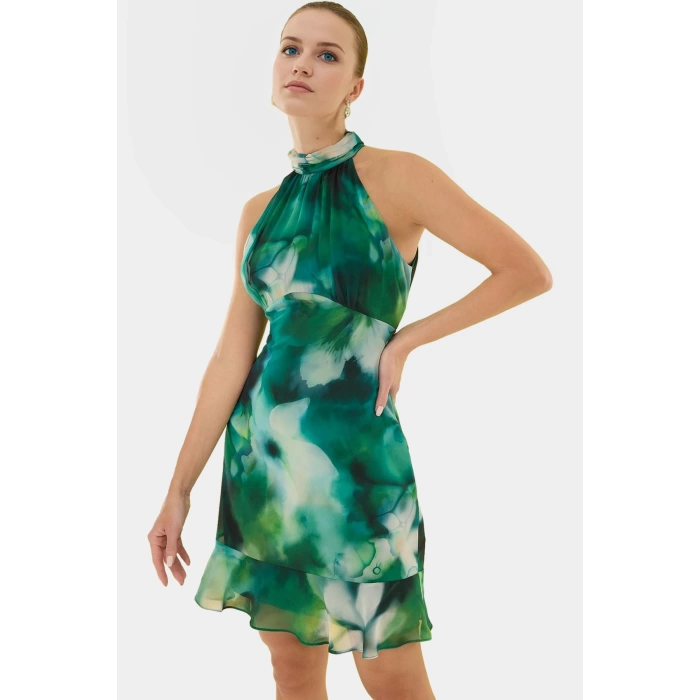 Çiçekli A line Şifon Elbise Halter Yaka Mini Boy Astarlı Konforlu Kesim Modern Stil