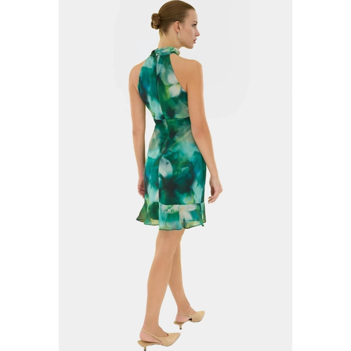 Çiçekli A line Şifon Elbise Halter Yaka Mini Boy Astarlı Konforlu Kesim Modern Stil